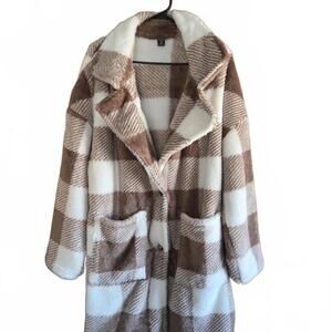 Women's Plush Sherpa Coat Brown White Buffalo Plaid Long Jacket Size 2XL